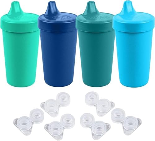 Re-Play Sippy Cups for Toddlers - 10 Oz. Reusable Spill Proof Cups for Kids, Dishwasher/Microwave Safe - Made in USA - Set of 4 with 6 Extra Replacement Valves - True Blue