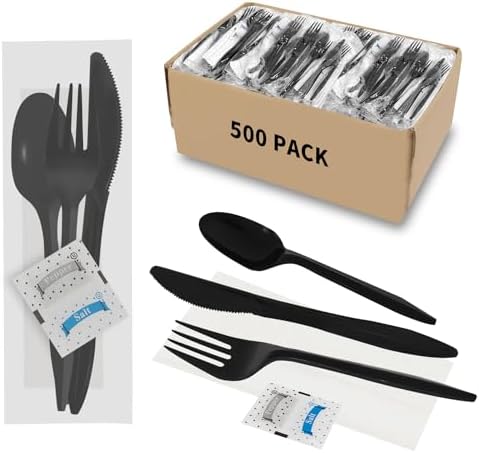 500 Pack Plastic Cutlery Packets, Knife Fork Spoon Napkin Salt Pepper Sets, Individually Wrapped Black Plastic Cutlery Packets for Delivery, Cafeterias, Restaurants
