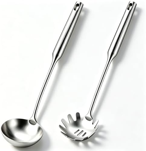Stainless Steel Pasta Server and Cooking Spoon, Large Soup Ladle, Spaghetti Server with Teeth & Draining Holes, Dishwasher Safe Utensil for Everyday Use