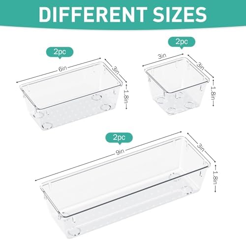 6 Pack Clear Drawer Organizer Set, Drawer Storage Trays, Storage Bins