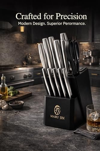 15-Piece Kitchen Knife Block Set, High-Carbon Stainless Steel Knives, Self-Sharpening Wooden Block, Premium Cutlery Set with Ergonomic Handle (Black, 15-pcs)