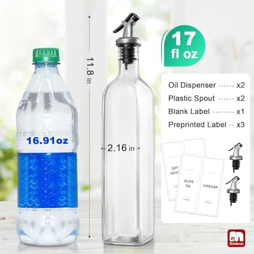 gmisun Oil and Vinegar Dispenser Bottles Set, 2 Pack 17 Fl Oz Olive Oil Dispensers Bottle for Kitchen, Clear Glass Cooking Vegetable Oil Container Cruet Set with Plastic Pourer Spout & Labels