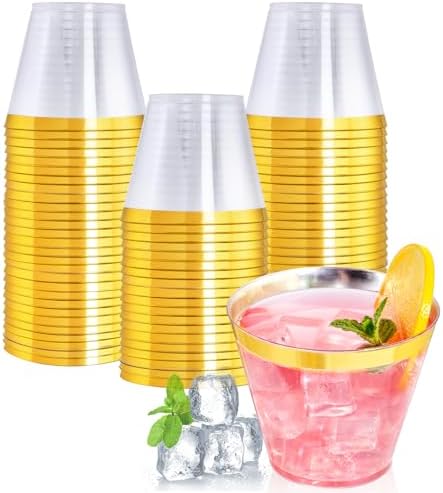 I00000 60 Pack Gold Plastic Cups, 9 OZ Elegant Gold Rimmed Plastic Cups