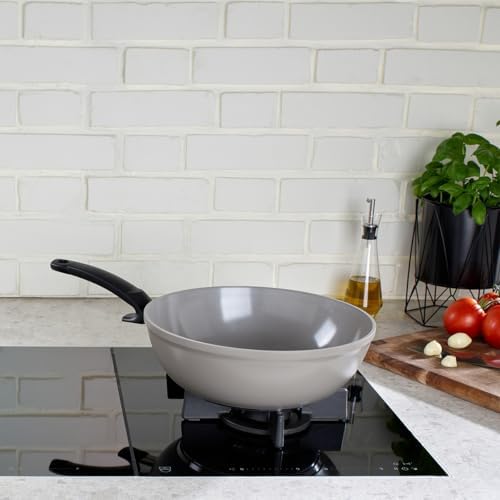 Fissler Ceratal Comfort 12 Inch Ceramic Non-Stick Wok, 5.5 Quart, Warm Grey, Made without added PFAS/PTFE, All Stovetops Including Induction, Made in Germany