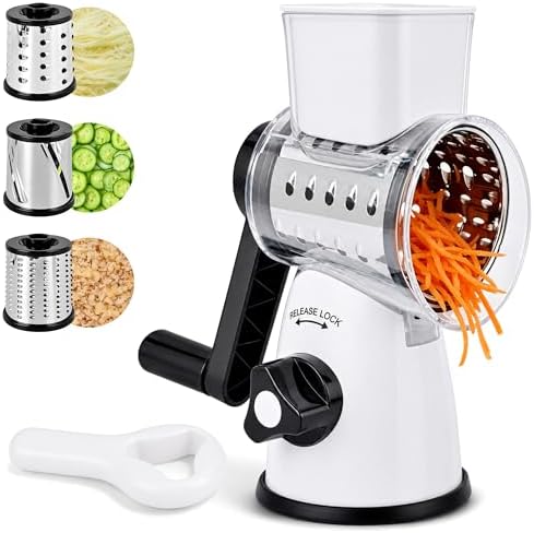 SUSTEAS Rotary Cheese Grater, Cheese Shredder with 3 Interchangeable Blades
