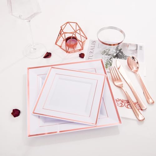 WDF 300 Pieces Rose Gold Plastic Silverware- Disposable Flatware Set - Heavy Duty Plastic Cutlery Includes 100 Forks, 100 Spoons, 100 Knives Perfect for Wedding/Party/Birthday