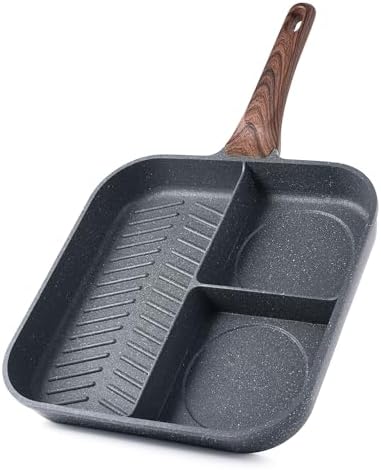 Sensarte Nonstick 11-Inch Square Grill Pan, 3-Section Versatile Breakfast Skillet, Die-cast Aluminum, PFOA, PFOS, APEO Free, Induction, Gas, Electric, Glass, Ceramic