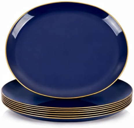 WDF 6PCS Oval Blue Plastic Plates - 10"x12" Navy Blue and Gold Plastic Platters - Heavy Duty Oval Disposable Serving Trays for Parties/Birthday/Weddings/Catering/BBQ