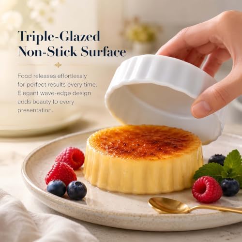 6oz Creme Brulee Ramekins Set of 4 - Ceramic Baking Dishes, Non-Stick Porcelain Pie Dish, Wave Round Baking Dish for Dessert, Pie, Tart, Souffles, Appetizers, Oven and Dishwasher Safe