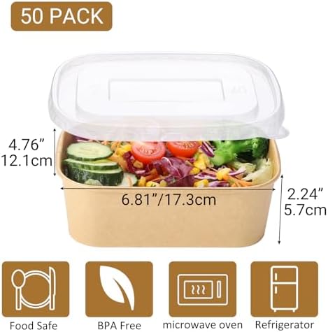 50 Sets 25oz Disposable Kraft Paper Bowls with Lids, Rectangle