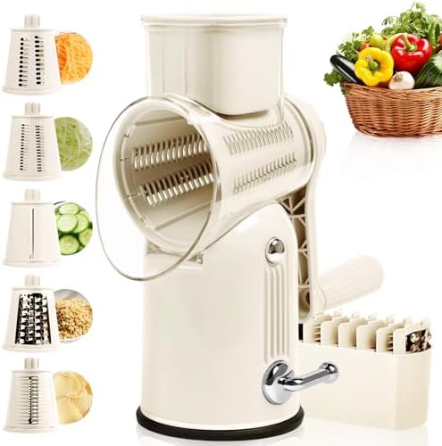 Rotary Cheese Grater with Handle, 5 Replaceable Blades(White)