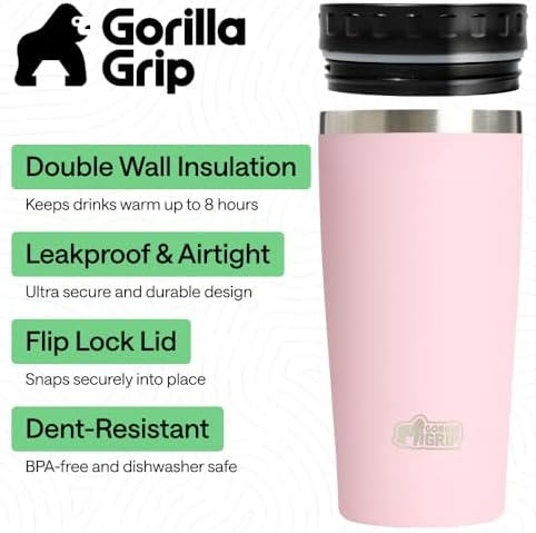 GORILLA GRIP 304 Stainless Steel Travel Coffee Mug, 20oz Tumbler, Pink