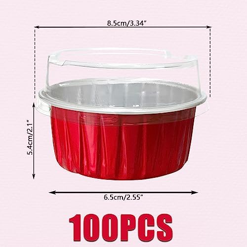 100Pcs Aluminum Cups with Lids,5oz Disposable Ramekin Baking Cups Muffin Liners Mini Pie Pans Foil Cupcake Containers for Christmas Party Wedding Party,Red