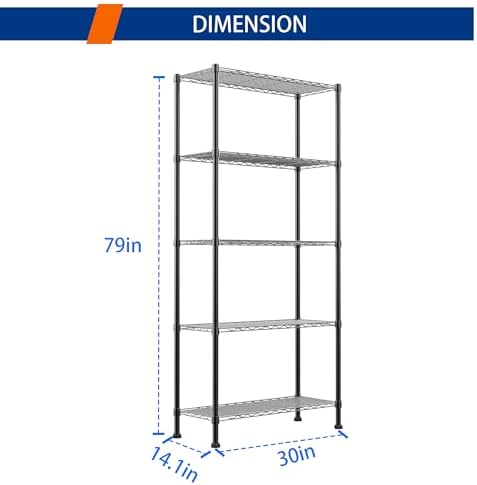 REGILLER 5-Wire Shelving Metal Storage Rack Adjustable Shelves,Standing Storage Shelf Units for Laundry Bathroom Kitchen Pantry Closet(Black,14.1" D x 30" W x 79" H)