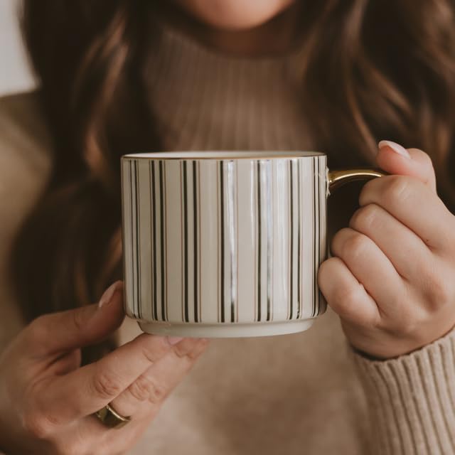 Sweet Water Decor Green Stripe Coffee Mug, 14oz China Christmas Mug with Gold Handle, Large Holiday Winter Cup for Coffee, Tea & Hot Chocolate, Stocking Stuffer Gifts for Women