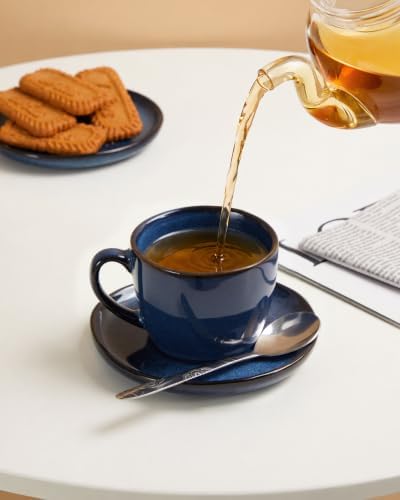 Pokini Stoneware Coffee Cups with Saucers, Cappuccino Cups, Mugs Set of 4