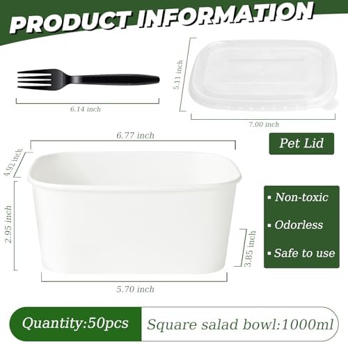 DI QIU REN 50-Pack 35oz Disposable Meal Prep Containers with Lids & Forks, Kraft Paper Bowls To Go Take Out Food Containers with Lids, Microwave & Freezer Safe (White Kraft Paper, 35oz 50 Count)