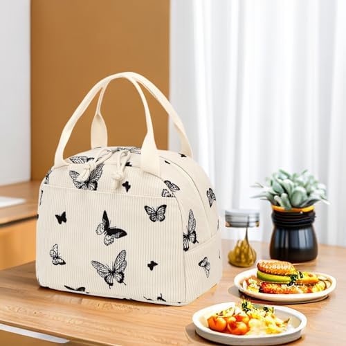 LEDAOU Lunch Box for Women Insulated Lunch Bag Corduroy Lunch Tote Bags Leakproof Cooler Lunch Case for Travel Work Picnic (Corduroy Beige-Butterfly)