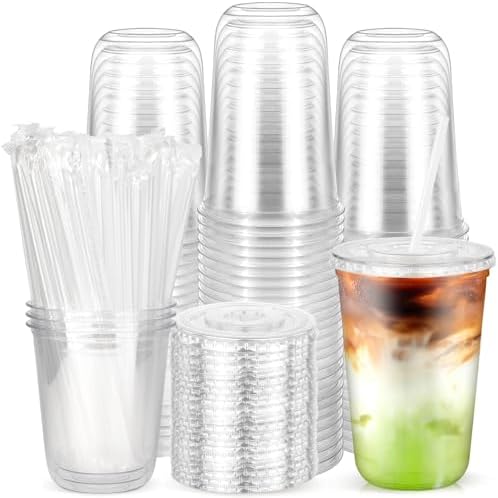 100 Pack 16 oz Round Bottom Plastic Iced Coffee Cups with Lids and Straws