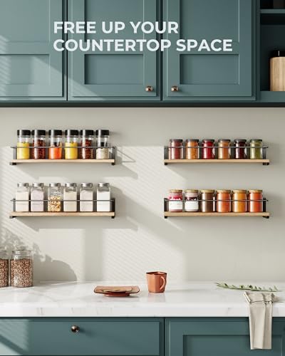 OROPY Wooden Spice Rack Wall Mounted, Over the Stove, Kitchen Wall, 4 Pack