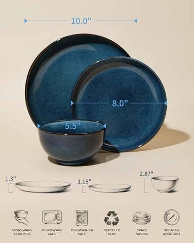 Pokini Stoneware Dinnerware Sets for 6, 18pcs Plates and Bowls Sets Dishes