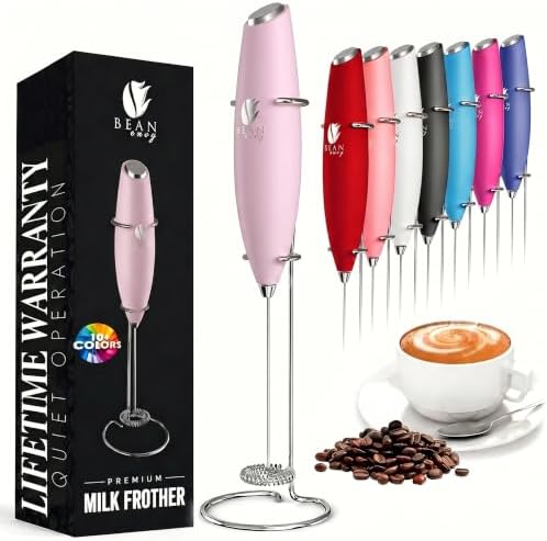 Bean Envy Milk Frother Handheld - Coffee Mixer Wand with Stand - Pink