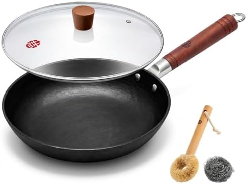 WANGYUANJI 11 Inch Cast Iron Skillet with Glass Lid, Uncoated Cast Iron Frying Pan for Steak, Eggs, Sautéing,Flat Bottom Skillet for Gas, Electric & Induction Cooktops
