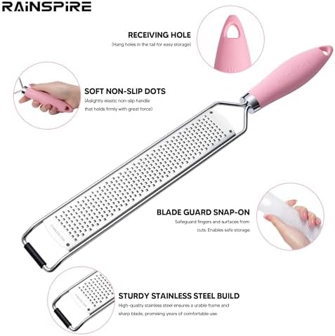Rainspire Zester Grater with Handle, Lemon Zester Cheese Grater for Kitchen Stainless Steel, Parmesan Cheese Garlic Nutmeg Chocolate Fruits Vegetables Ginger Grater, Fine (Pink)