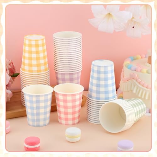 NatNarr 100 Pack Gingham Paper Cups, 9oz Pastel Cups Picnic Paper Cups