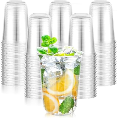 KesaPlan 100 Pcs 16oz Plastic Clear Cups, Disposable Wine Cocktail Glasses