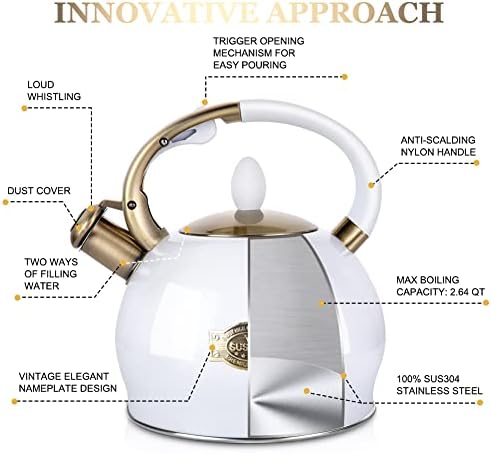 SUSTEAS Whistling Tea Kettle, 2.7QT Food-Grade Steel Teapot, WHITE