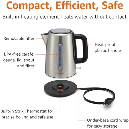 Amazon Basics Electric Stainless Steel Kettle for Tea and Coffee, BPA-Free, Fast Boiling, Auto Shut-Off, Boil-Dry Protection, 1.7 Liter, 1500W, Black and Silver