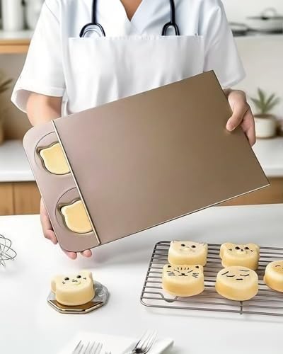 Muffin Top Pan with Lid 3.7inch Jumbo Size, 6 Cup Straight Side Professional English Muffin Cupcake Pan for Baking, Non-Stick Hamburger Bread Forms - Stainless Steel, Gold, Bear Shape