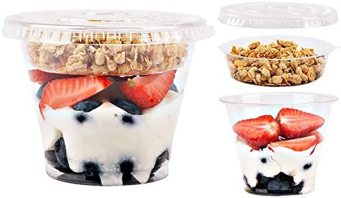 Aatriet 9 oz Clear Plastic Parfait Cups with Insert 3.25oz & Flat Lids No Hole - (20 Sets) Yogurt Fruit Parfait Cups for Kids, for Dips and Veggies, Take Away Breakfast and Snacks. No Leaking