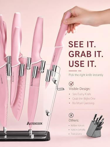 Astercook Knife Set with Block and Sharpener, 22 Piece Kitchen Knife Set Dishwasher Safe, Space-Saving Clear Knife Block with Knives for Everyday Home Cooking Pink