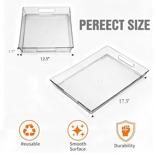 Clear Plastic Serving Tray with Handles, BPA-Free Storage Organizer Tray - Large Serving Trays 17.5"x12.5"Reusable Serving Platters for Appetizer,Fruit,Kitchen,Desk & Serving Tray for Party Supplies