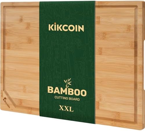 Kikcoin 20”×14” Bamboo Cutting Boards for Kitchen, Wooden Healthy Cutting Boards for Charcuterie, Vegetables, Cheese, Bread, Extra Large Chopping Boards with Deep Juice Groove and Handle, Natural
