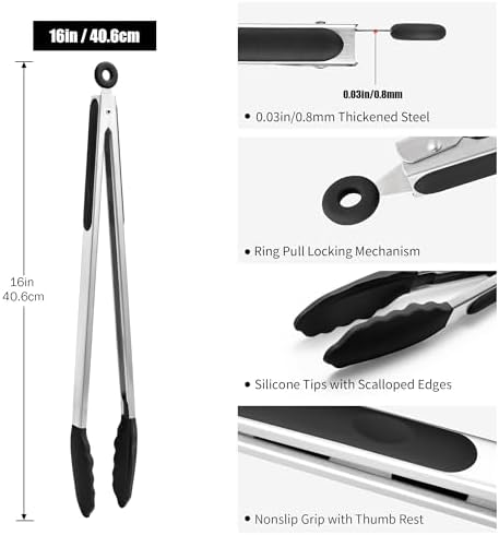 Doosu Kitchen Tongs with Silicone Tips for Cooking Serving (16in, Black)