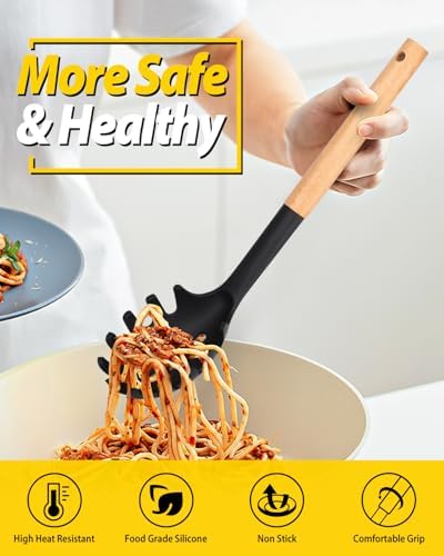 BUNDLEPRO Silicone Soup Ladle and Pasta Spoon Set with Wooden Handle