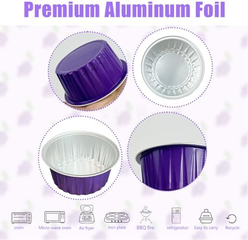 100Pcs Aluminum Cups with Lids,5oz Disposable Ramekin Baking Cups Muffin Liners Mini Pie Pans Foil Cupcake Containers for Christmas Party Wedding Party,Dark Purple