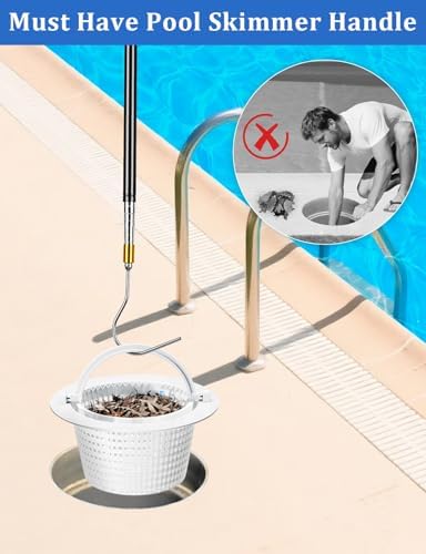 Pool Skimmer Basket Hook, Extendable Pool Filter Skimmer with Anti-Slip Handle, 63.4 Inch Skimmer Basket Pole, Pool Lid Basket Lift Tool Cleaning Tool, for Pool Skimmer Basket with Handle