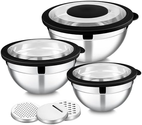 E-far Mixing Bowls with Lids and Graters, Stainless Steel Salad Mixing Bowl with Transparent Lid Set of 3, Metal Nesting Salad Storage for Kitchen Prepping/Serving/Baking, 4.6/2.6/1.5QT - Black