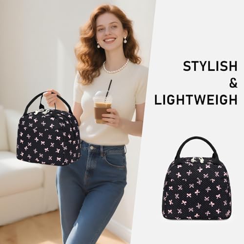 Bluboon Lunch Box for Women Cute Lunch Bag Reusable Insulated Lunch Bags Large Capacity Lunchbox Cooler for Work Picnic or Travel Gifts (Pink Bow Black 6, 10 x 7.5 x 8 inches)
