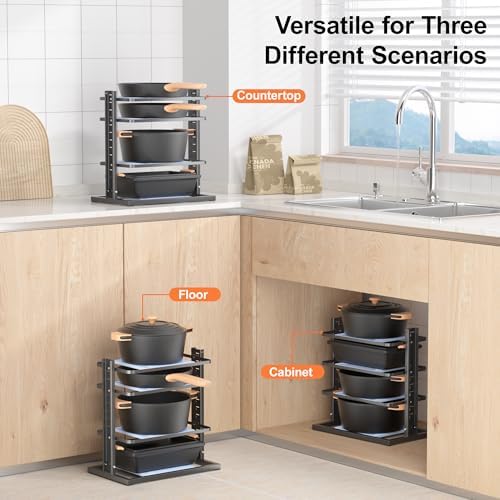 LAMU Pots and Pans Organizer for under Cabinet, 4-Tier Heavy Duty Pan Pot Organizers inside Cabinet, Adjustable Pot Rack Kitchen Cabinet Organization and Storage Holds up to 12" Cookware