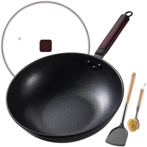 Teewe Carbon Steel Wok, 13" Woks & Stir-fry Pans Nonstick with Glass Lid