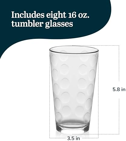 Libbey Reno Tumbler Drinking Glasses, Polka Dot Pattern Tall Glass Tumbler Set of 8, Compact, Fun Glass Cups Set for Everyday Use, Casual Parties