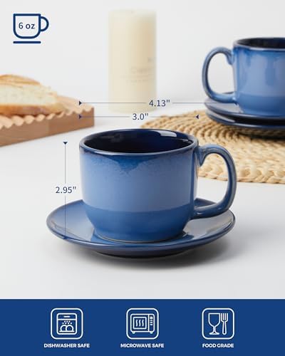 Pokini Stoneware Coffee Cups with Saucers, Cappuccino Cups, Mugs Set of 4