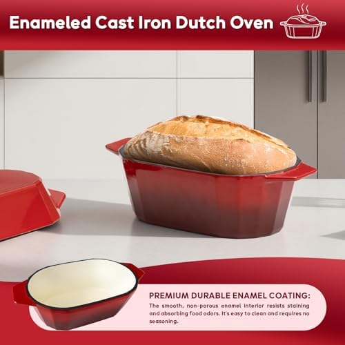 Enameled Cast Iron Dutch Oven for Bread Baking – 3QT Oval Round Heavy Duty Bread Pan with Lid, Non-Stick Ceramic Coating,Loaf Cast Iron Bread Oven for Sourdough, Baking, Roasting, Braising, Stovetop & Oven Safe