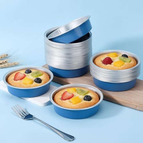 Beasea Disposable Baking Cups, 100 Pack 7.3oz 215ml Aluminum Foil Ramekins Tart Cup Only, 4" Mini Ramekin No Lids Baking Tarts Tin for Party Cupcake Cheesecake Pie - Moon Blue