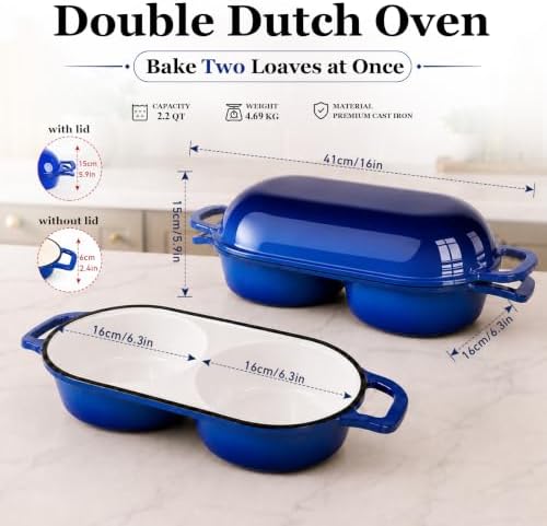 Double Dutch Oven for Sourdough Bread Baking,2.2QT Enameled Cast Iron Dutch Oven Pot with Lid,500°F Oven Safe Non Stick Bread Loaf Pan,Sourdough Baking Pan for Homemade Baking（blue）